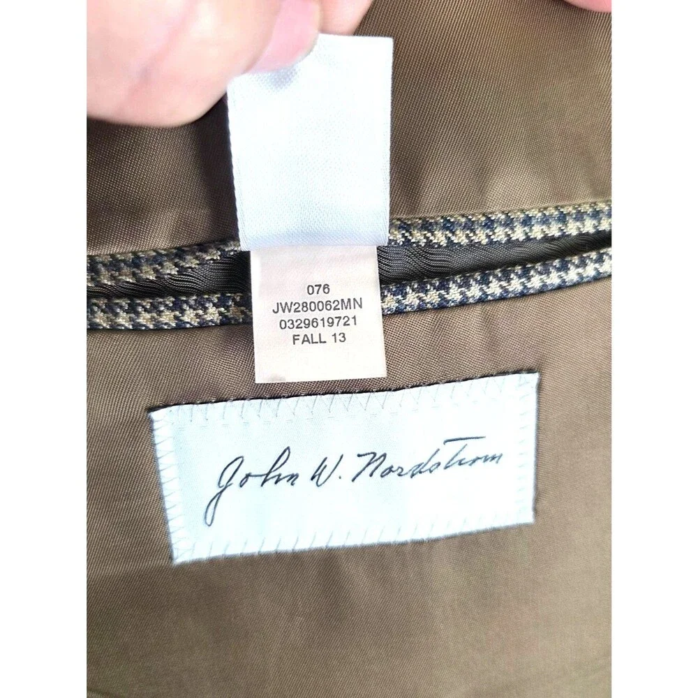 John W Nordstrom Mens 44L Sport Coat Blazer Silk Wool Houndstooth Brown 2 Btn